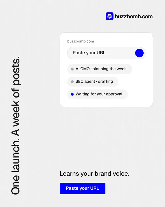 Instagram portrait post for BuzzBomb: "One launch. A week of posts." Swiss style, vertical layout, light palette in white, blue.