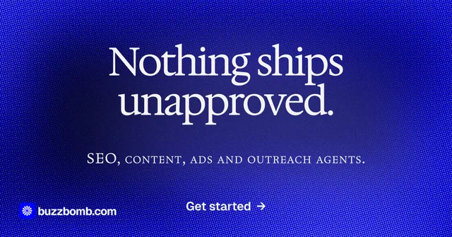 Social ad for BuzzBomb: "Nothing ships unapproved." Agentic glass style, smallcaps layout, dark palette in blue.