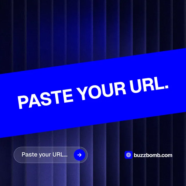 Instagram post for BuzzBomb: "Paste your URL." Agentic glass style, diagonal layout, dark palette in blue.