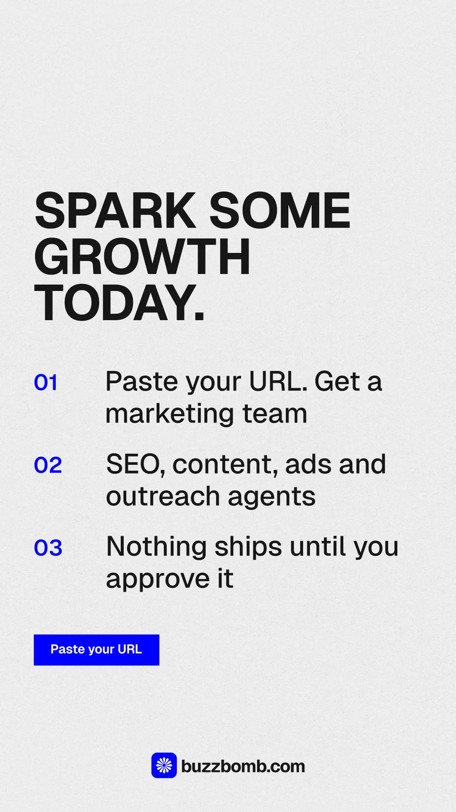 Instagram story for BuzzBomb: "Spark some growth today." Swiss style, numbered layout, light palette in white, grey.