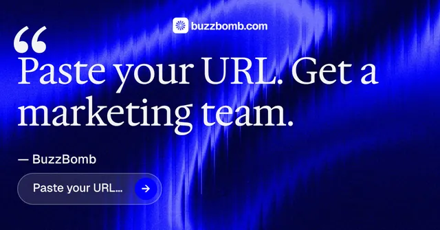 Social ad for BuzzBomb: "Paste your URL." Agentic glass style, quote layout, dark palette in blue.