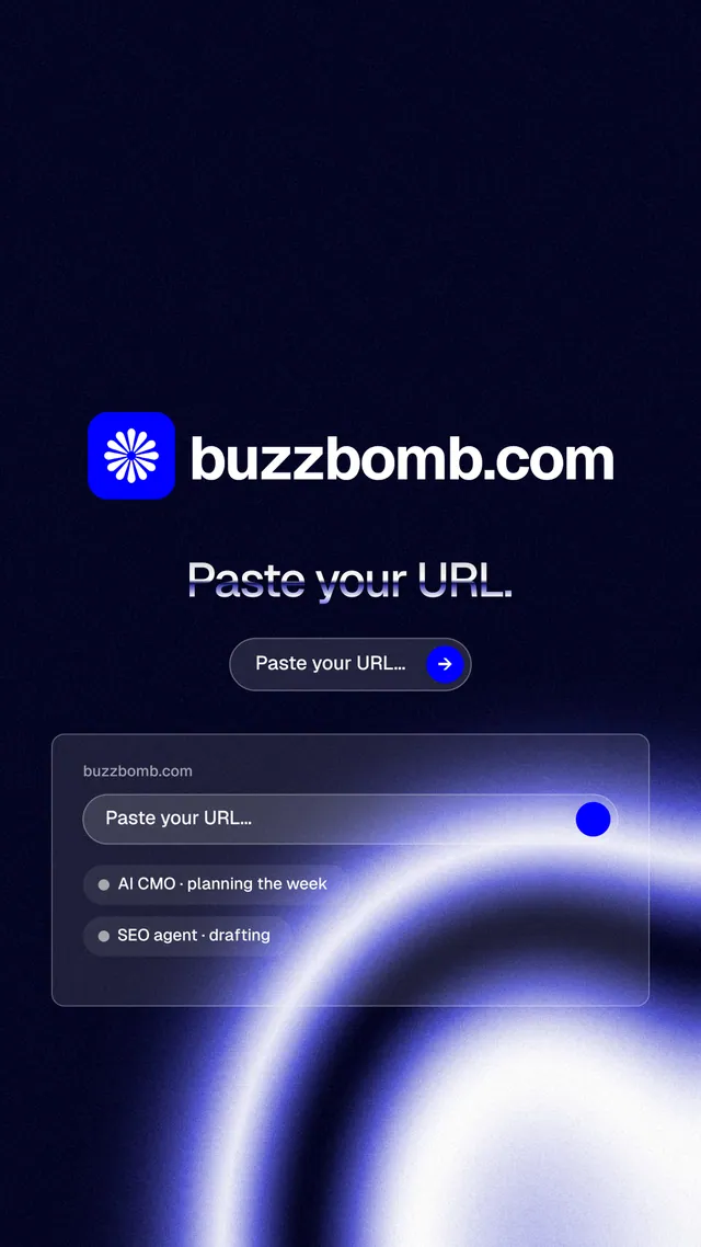 Instagram story for BuzzBomb: "Paste your URL." Agentic glass style, logo hero layout, dark palette in black, blue.