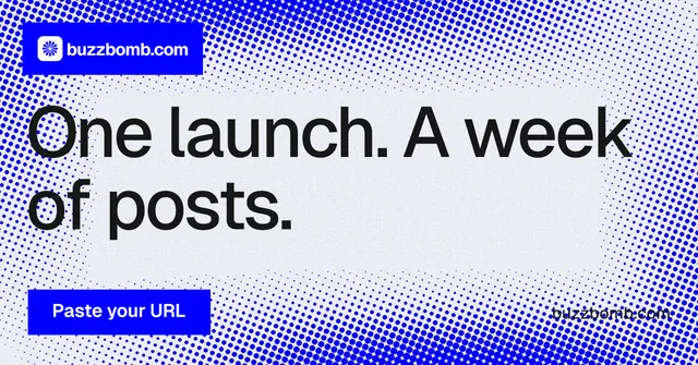 Social ad for BuzzBomb: "One launch. A week of posts." Swiss style, poster layout, light palette in blue, white.