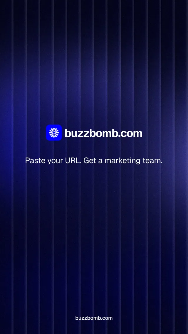 Instagram story for BuzzBomb: "Distribution, solved." Agentic glass style, end card layout, dark palette in blue, black.
