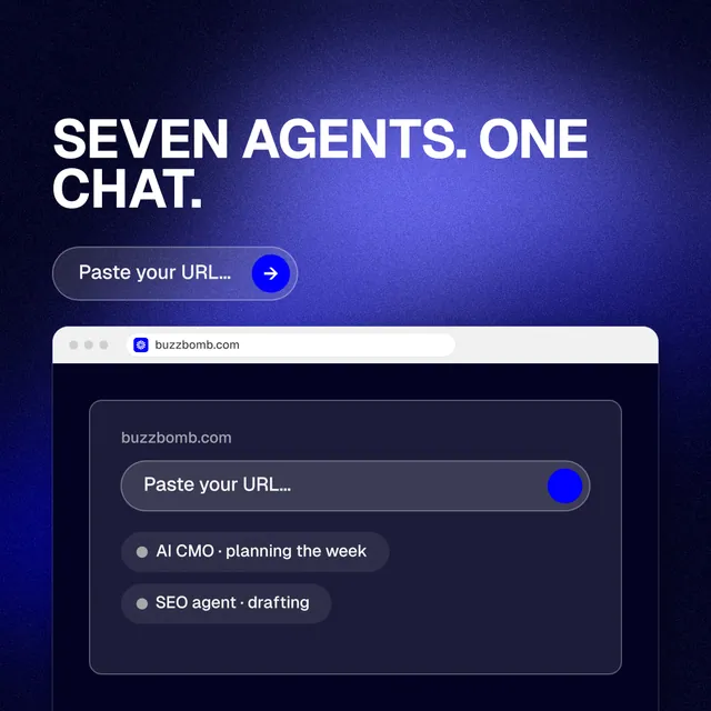 Instagram post for BuzzBomb: "Seven agents. One chat." Agentic glass style, browser layout, dark palette in blue, black.