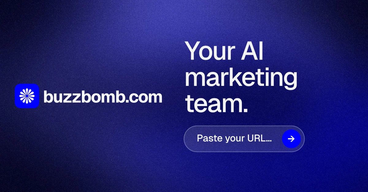 Social ad for BuzzBomb: "Your AI marketing team." Agentic glass style, logo hero layout, dark palette in blue.