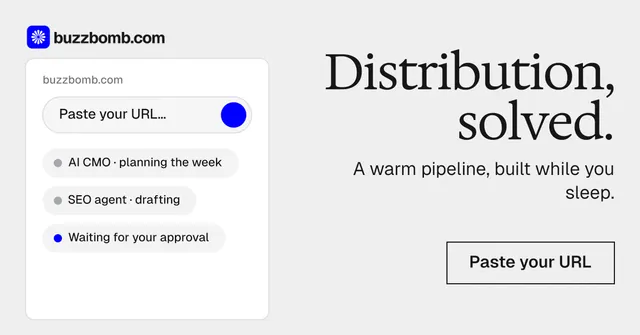 Social ad for BuzzBomb: "Distribution, solved." Editorial style, right layout, light palette in white.