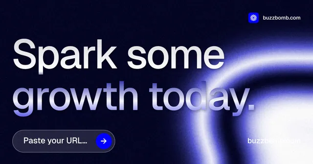 Social ad for BuzzBomb: "Spark some growth today." Agentic glass style, poster layout, dark palette in black, blue.