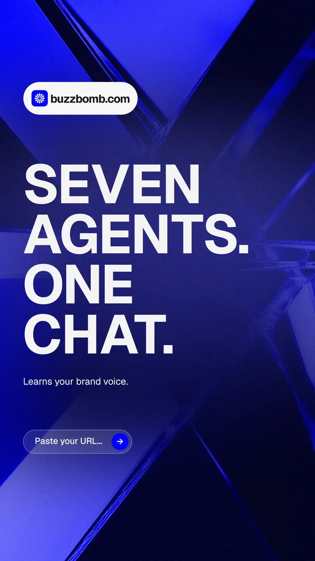 Instagram story for BuzzBomb: "Seven agents. One chat." Agentic glass style, announce layout, dark palette in black, blue.