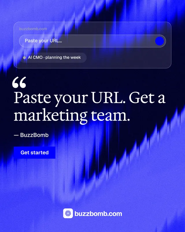 Instagram portrait post for BuzzBomb: "One launch. A week of posts." Swiss style, quote layout, dark palette in blue.