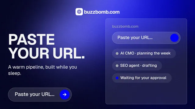 Landscape graphic for BuzzBomb: "Paste your URL." Agentic glass style, bottom layout, dark palette in black, blue.