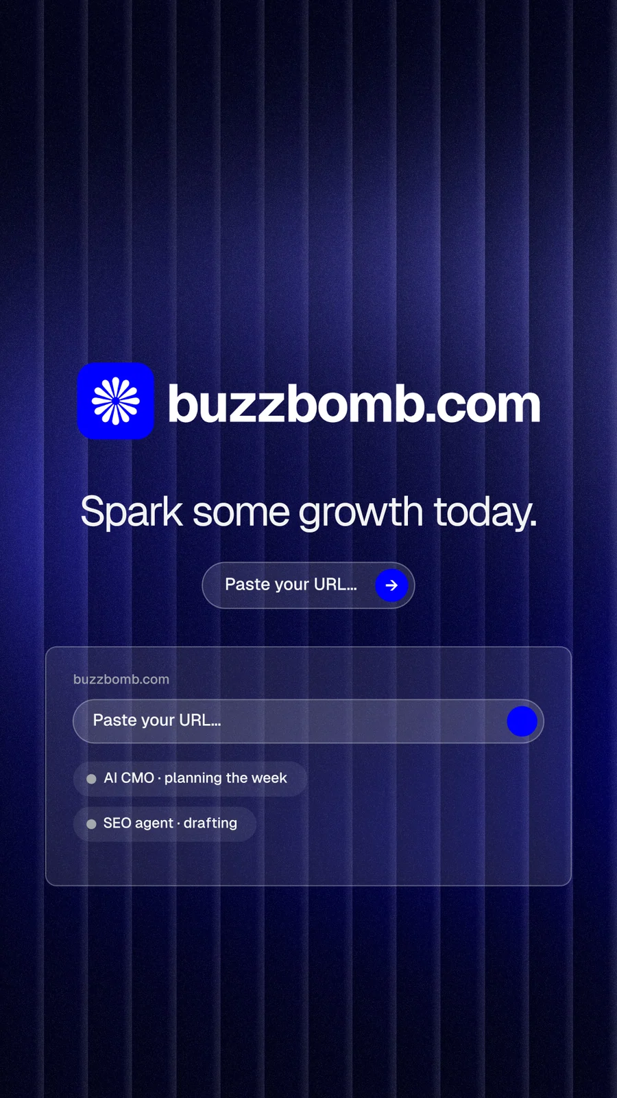 Instagram story for BuzzBomb: "Spark some growth today." Agentic glass style, logo hero layout, dark palette in black, blue.