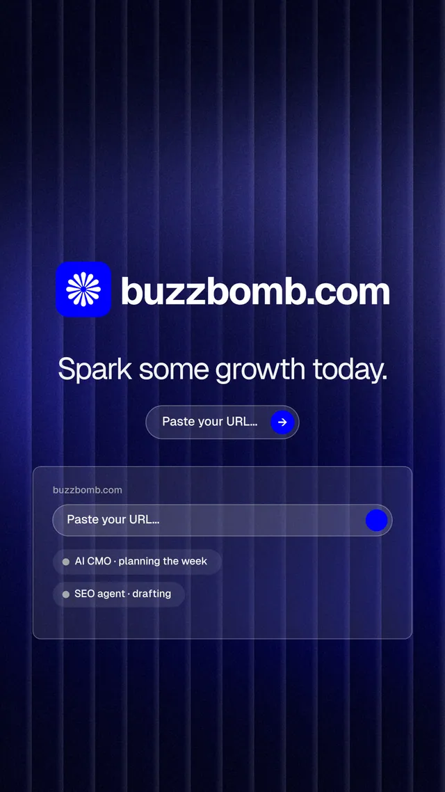Instagram story for BuzzBomb: "Spark some growth today." Agentic glass style, logo hero layout, dark palette in black, blue.