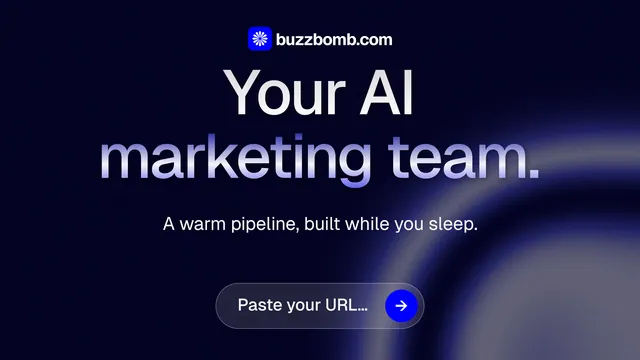 Landscape graphic for BuzzBomb: "Your AI marketing team." Agentic glass style, centred layout, dark palette in black, blue.