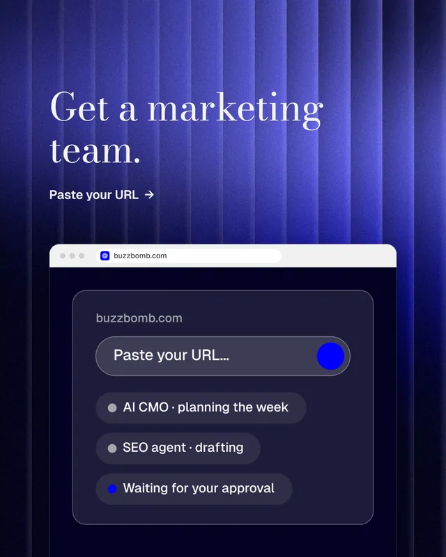 Instagram portrait post for BuzzBomb: "Get a marketing team." Minimal luxury style, browser layout, dark palette in blue, black.