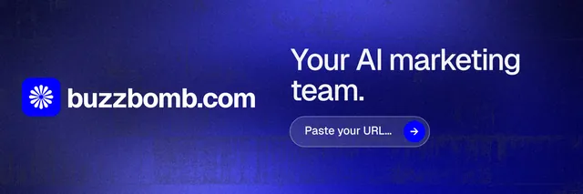 X header for BuzzBomb: "Your AI marketing team." Agentic glass style, logo hero layout, dark palette in blue.