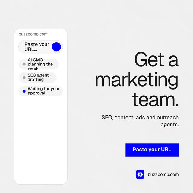 Instagram post for BuzzBomb: "Get a marketing team." Swiss style, right layout, light palette in white, blue.