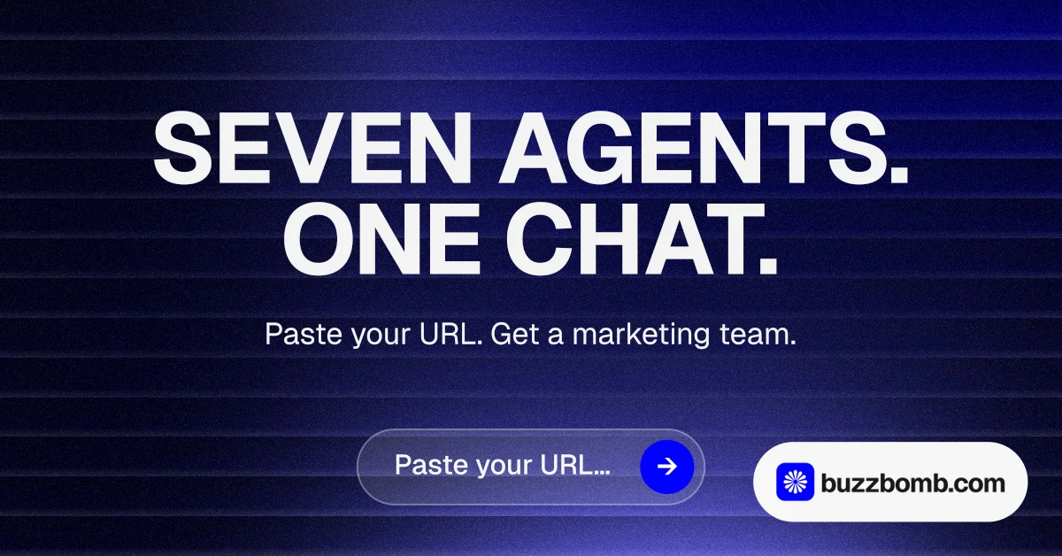 Social ad for BuzzBomb: "Seven agents. One chat." Agentic glass style, centred layout, dark palette in black, blue, grey.