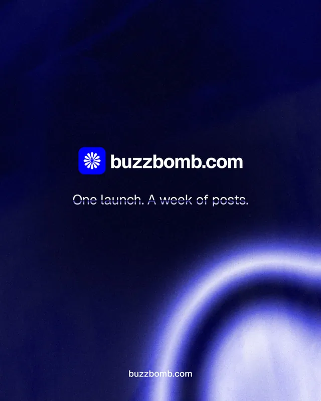 Instagram portrait post for BuzzBomb: "One launch. A week of posts." Agentic glass style, end card layout, dark palette in blue, black.