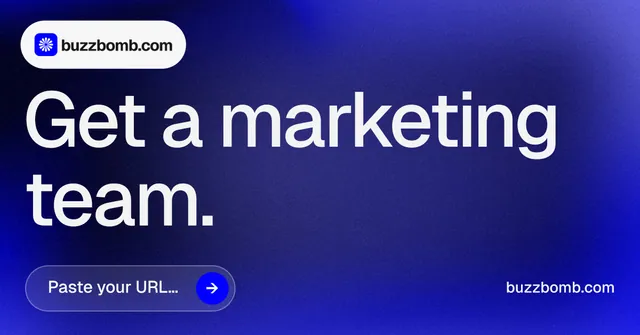 Social ad for BuzzBomb: "Get a marketing team." Agentic glass style, poster layout, dark palette in blue, grey.