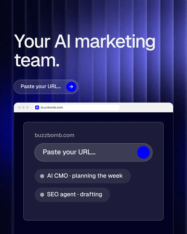 Instagram portrait post for BuzzBomb: "Your AI marketing team." Agentic glass style, browser layout, dark palette in blue, black.