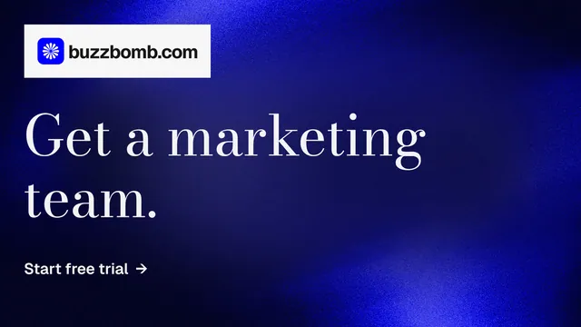 Landscape graphic for BuzzBomb: "Get a marketing team." Minimal luxury style, announce layout, dark palette in blue, black.