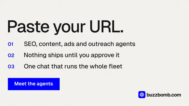 Landscape graphic for BuzzBomb: "Paste your URL." Swiss style, numbered layout, light palette in white, blue.