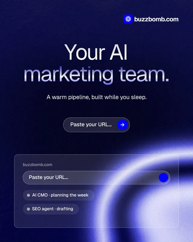Instagram portrait post for BuzzBomb: "Your AI marketing team." Agentic glass style, centred layout, dark palette in blue, black.