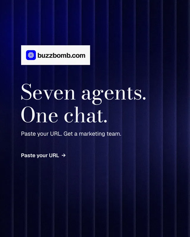 Instagram portrait post for BuzzBomb: "Seven agents. One chat." Minimal luxury style, announce layout, dark palette in black, blue, grey.