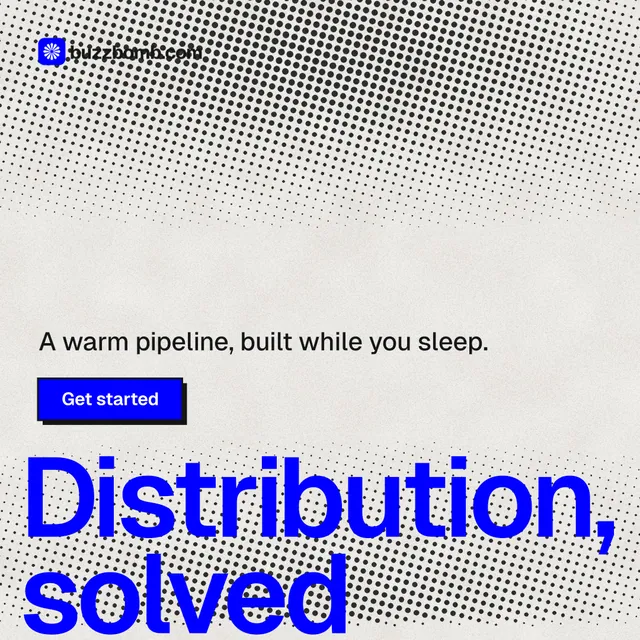 Instagram post for BuzzBomb: "Your AI marketing team." Brutalist style, oversized layout, light palette in grey, white, blue.