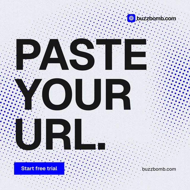 Instagram post for BuzzBomb: "Paste your URL." Swiss style, poster layout, light palette in white, blue, grey.