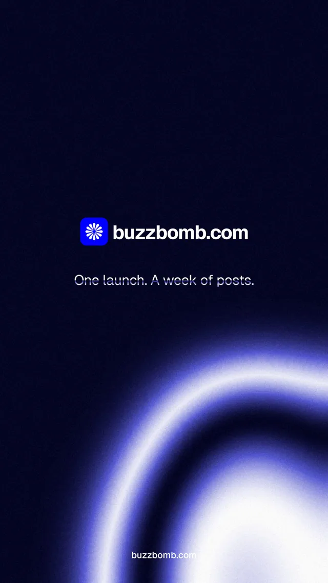 Instagram story for BuzzBomb: "One launch. A week of posts." Agentic glass style, end card layout, dark palette in black, blue.