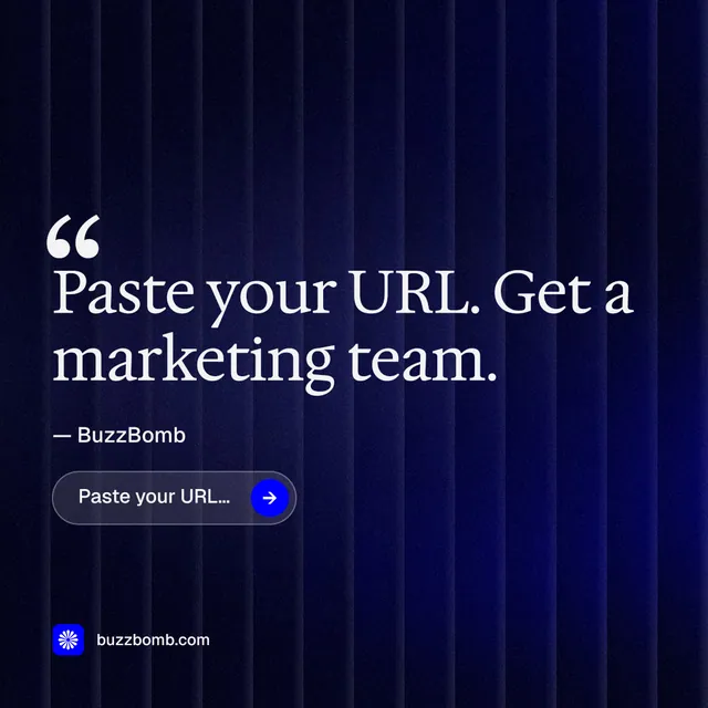 Instagram post for BuzzBomb: "Your AI marketing team." Agentic glass style, quote layout, dark palette in black, blue.