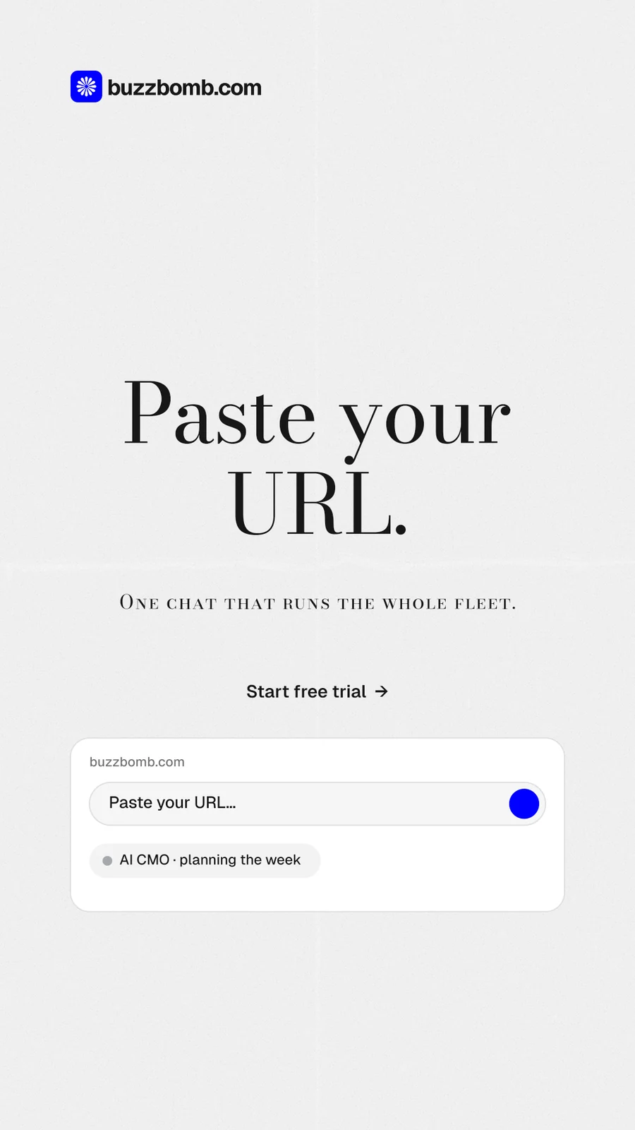 Instagram story for BuzzBomb: "Paste your URL." Minimal luxury style, smallcaps layout, light palette in white.