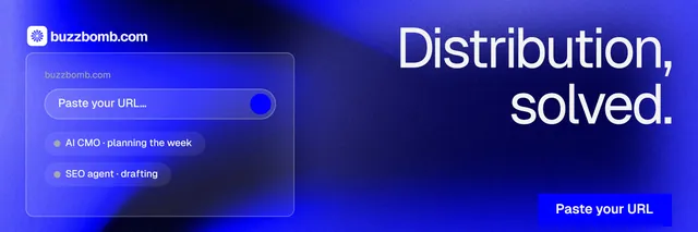 X header for BuzzBomb: "Distribution, solved." Swiss style, right layout, dark palette in blue.