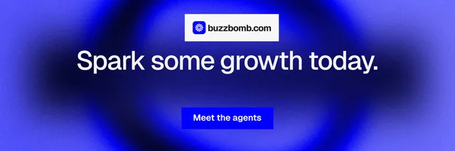 X header for BuzzBomb: "Spark some growth today." Swiss style, centred layout, dark palette in blue.