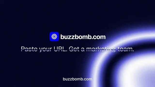Landscape graphic for BuzzBomb: "Distribution, solved." Agentic glass style, end card layout, dark palette in black, blue.