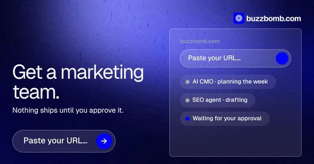 Social ad for BuzzBomb: "Get a marketing team." Agentic glass style, bottom layout, dark palette in blue.
