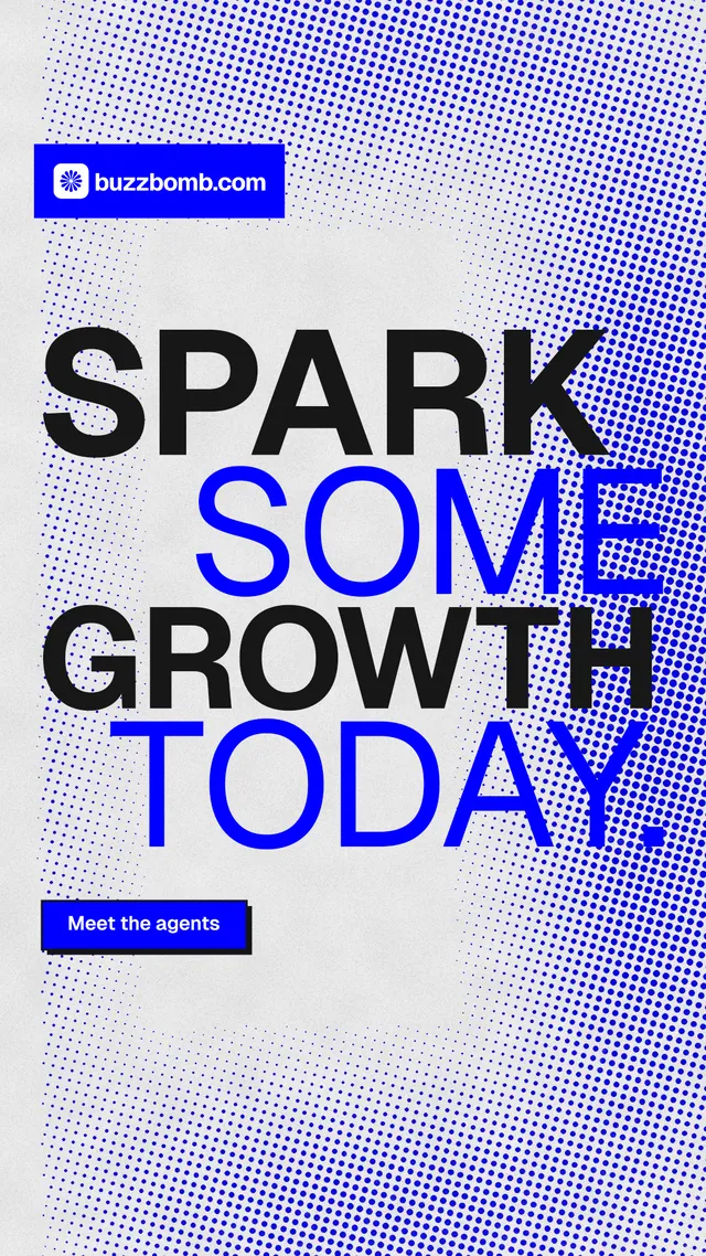 Instagram story for BuzzBomb: "Spark some growth today." Brutalist style, stacked layout, light palette in blue, white.