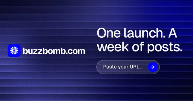 Social ad for BuzzBomb: "One launch. A week of posts." Agentic glass style, logo hero layout, dark palette in blue.