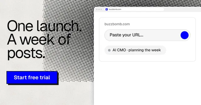 Social ad for BuzzBomb: "One launch. A week of posts." Brutalist style, browser layout, light palette in white, grey.