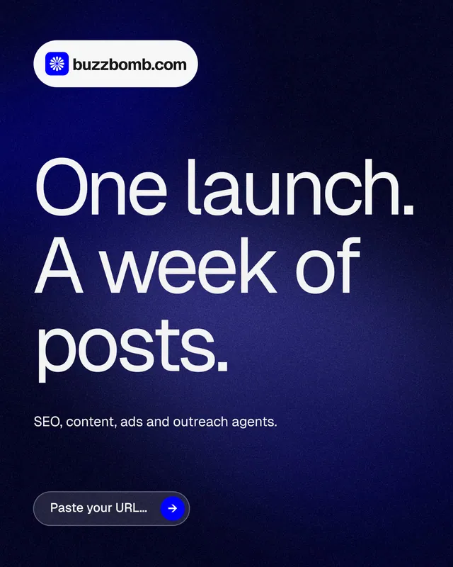 Instagram portrait post for BuzzBomb: "One launch. A week of posts." Agentic glass style, announce layout, dark palette in black, blue, grey.