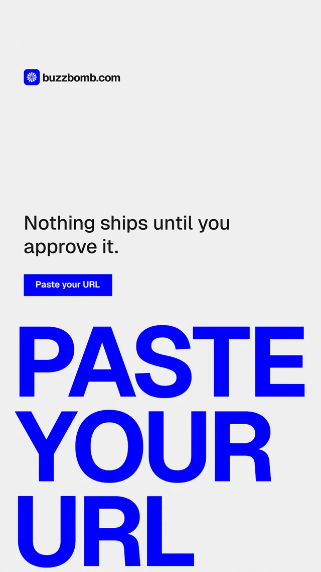 Instagram story for BuzzBomb: "Paste your URL." Swiss style, oversized layout, light palette in white, blue.