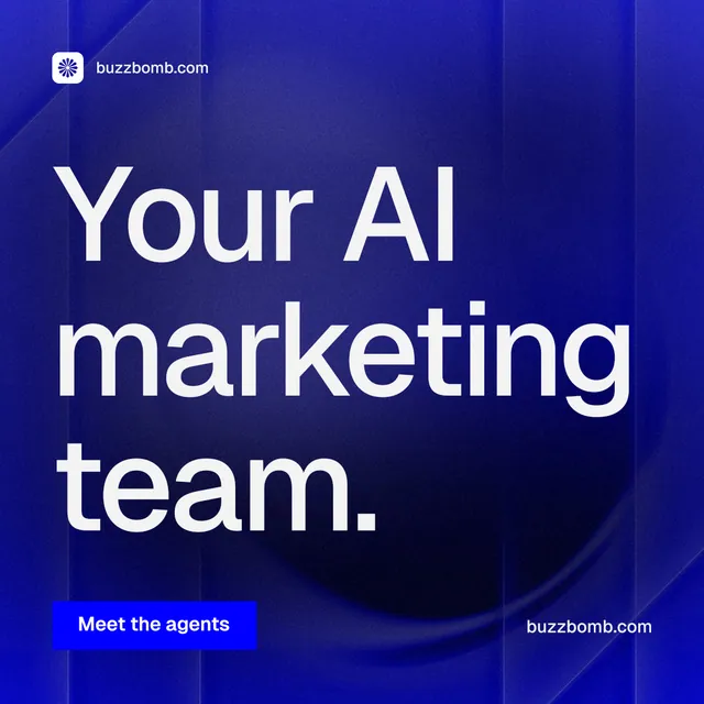 Instagram post for BuzzBomb: "Your AI marketing team." Swiss style, poster layout, dark palette in blue.