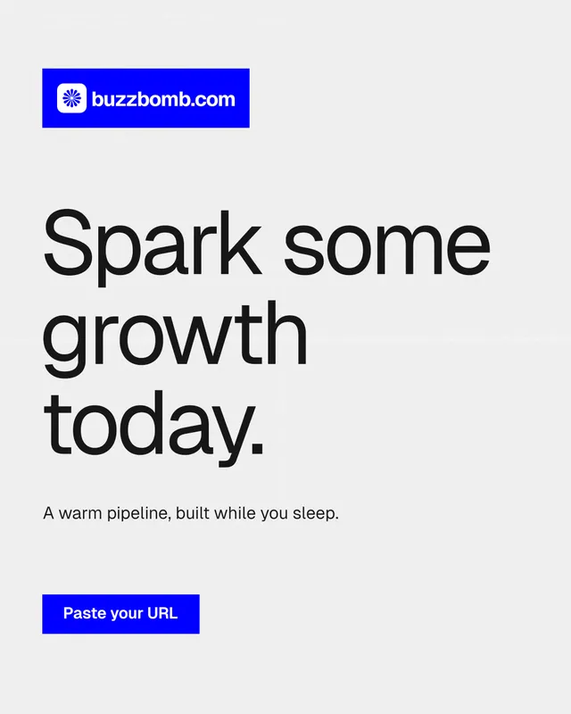 Instagram portrait post for BuzzBomb: "Spark some growth today." Swiss style, announce layout, light palette in white, blue.