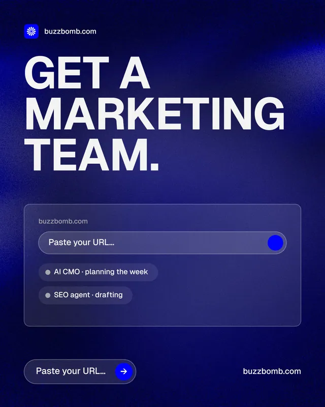 Instagram portrait post for BuzzBomb: "Get a marketing team." Agentic glass style, poster layout, dark palette in blue, grey.