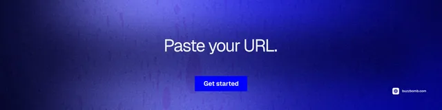 LinkedIn banner for BuzzBomb: "Paste your URL." Swiss style, centred layout, dark palette in blue.