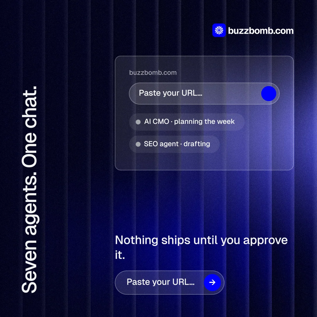 Instagram post for BuzzBomb: "Seven agents. One chat." Agentic glass style, vertical layout, dark palette in black, blue.