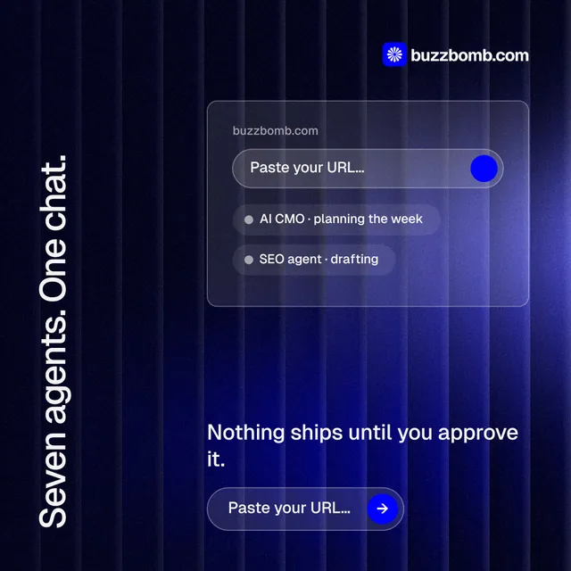 Instagram post for BuzzBomb: "Seven agents. One chat." Agentic glass style, vertical layout, dark palette in black, blue.