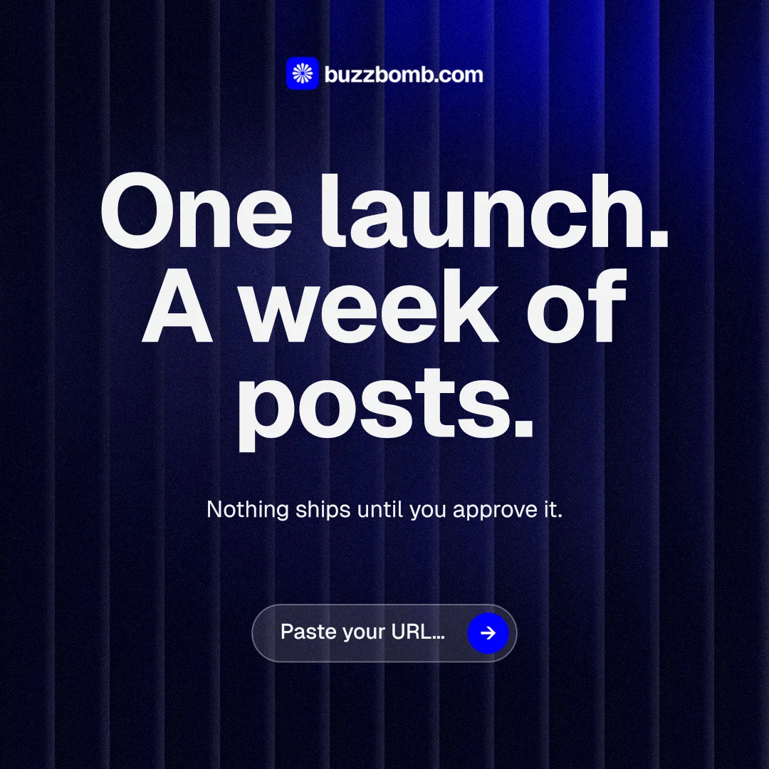 Instagram post for BuzzBomb: "One launch. A week of posts." Agentic glass style, centred layout, dark palette in black, blue, grey.